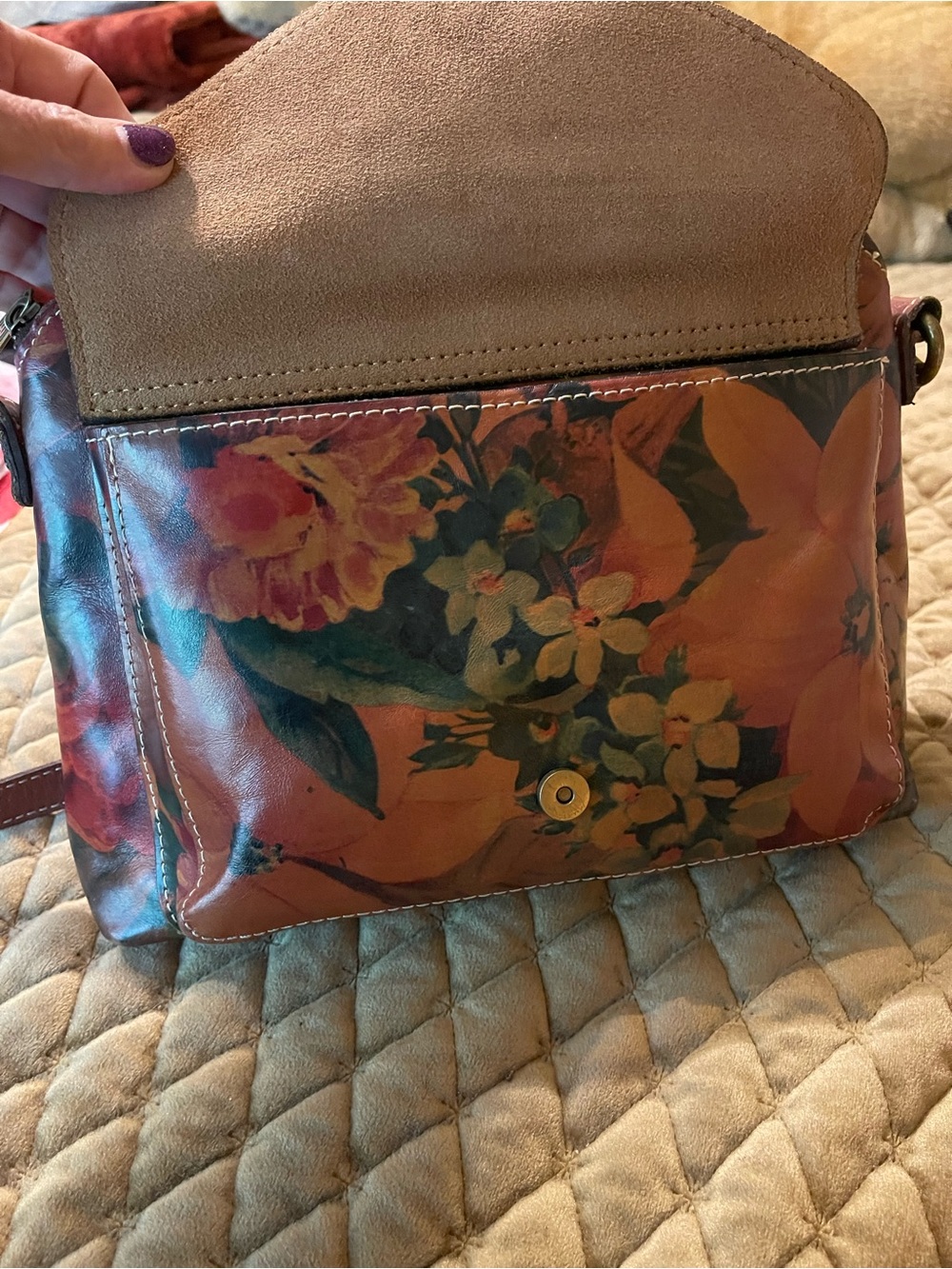 Patricia Nash Burnt Orange Floral Leather Crossbody with Buckle Detail - Picture 6 of 11
